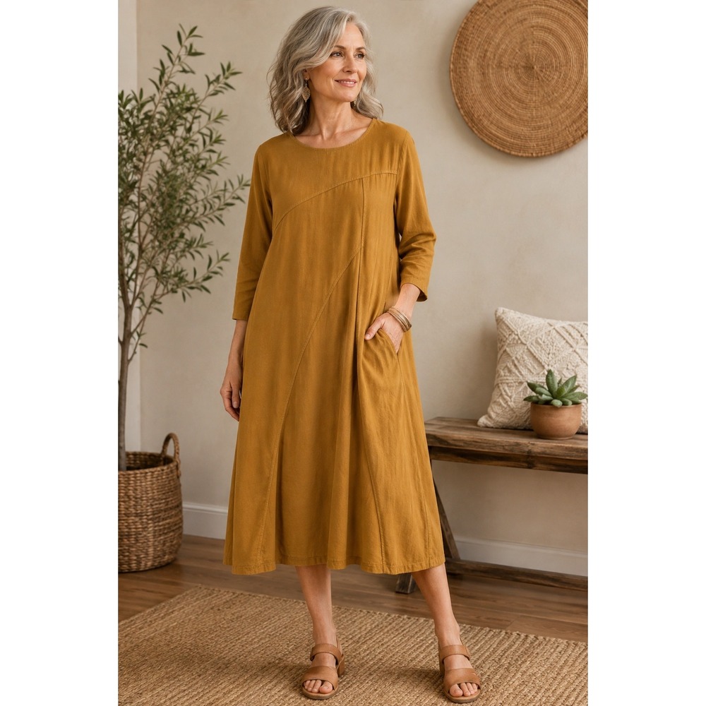 Made in Italy Corduroy Dress Womens One Size Mustard Yellow Long Sleeve Pockets
